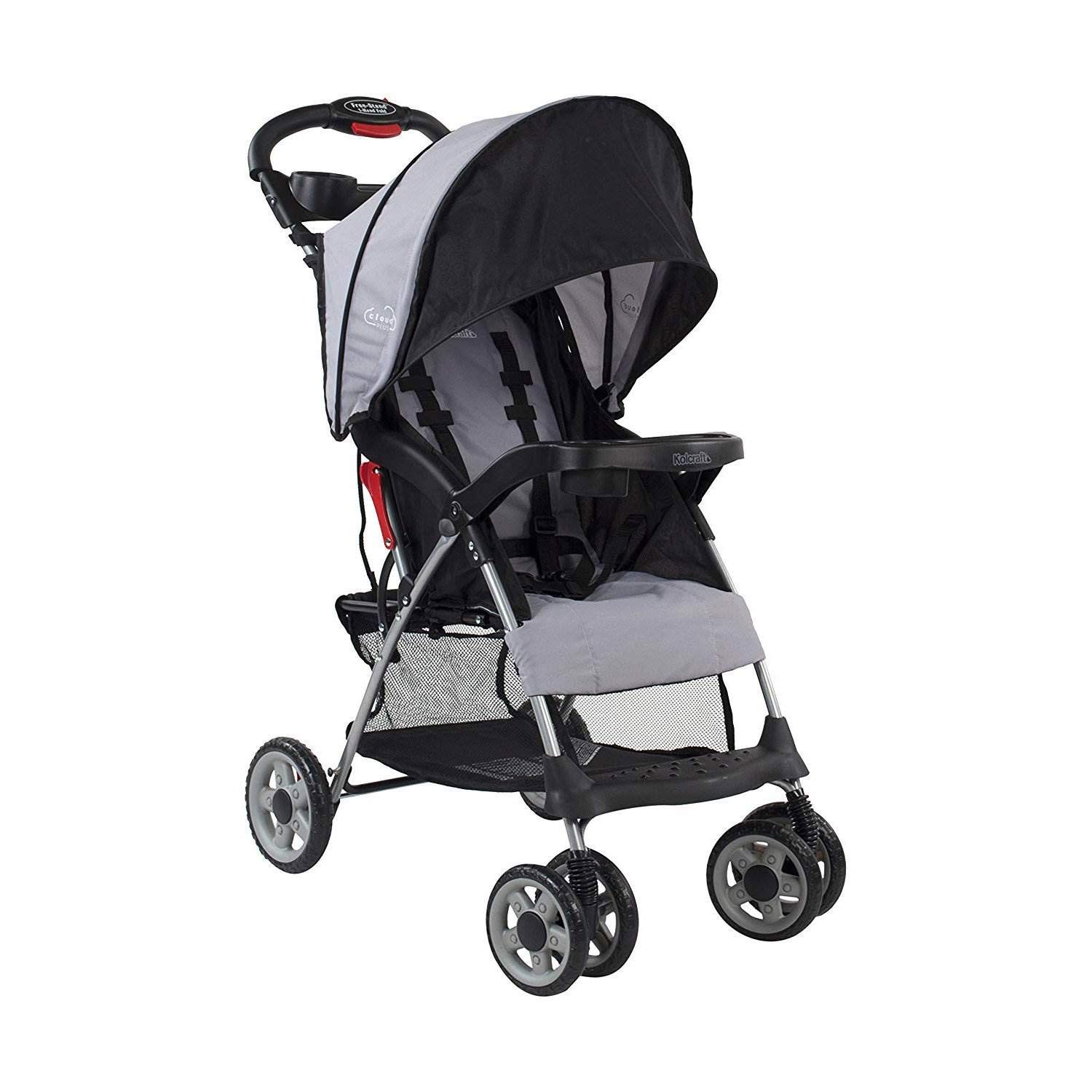 Kolcraft Cloud Plus Lightweight Umbrella Stroller for Toddlers with Reclining Seat, Large Storage Basket, Canopy, Infant & Parent Trays, Compact Fold for Summer Travel, Durable Frame, Slate Gray