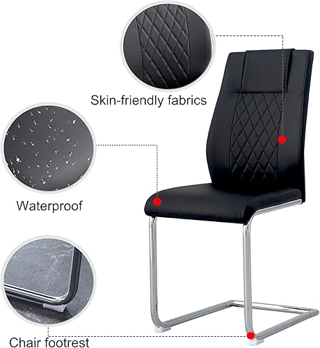 Miniatura 7 de Silla moderna de cuero para comedor, juego de 4 sillas de comedor negras, sillas de comedor con respaldo alto y patas cromadas resistentes, sillas