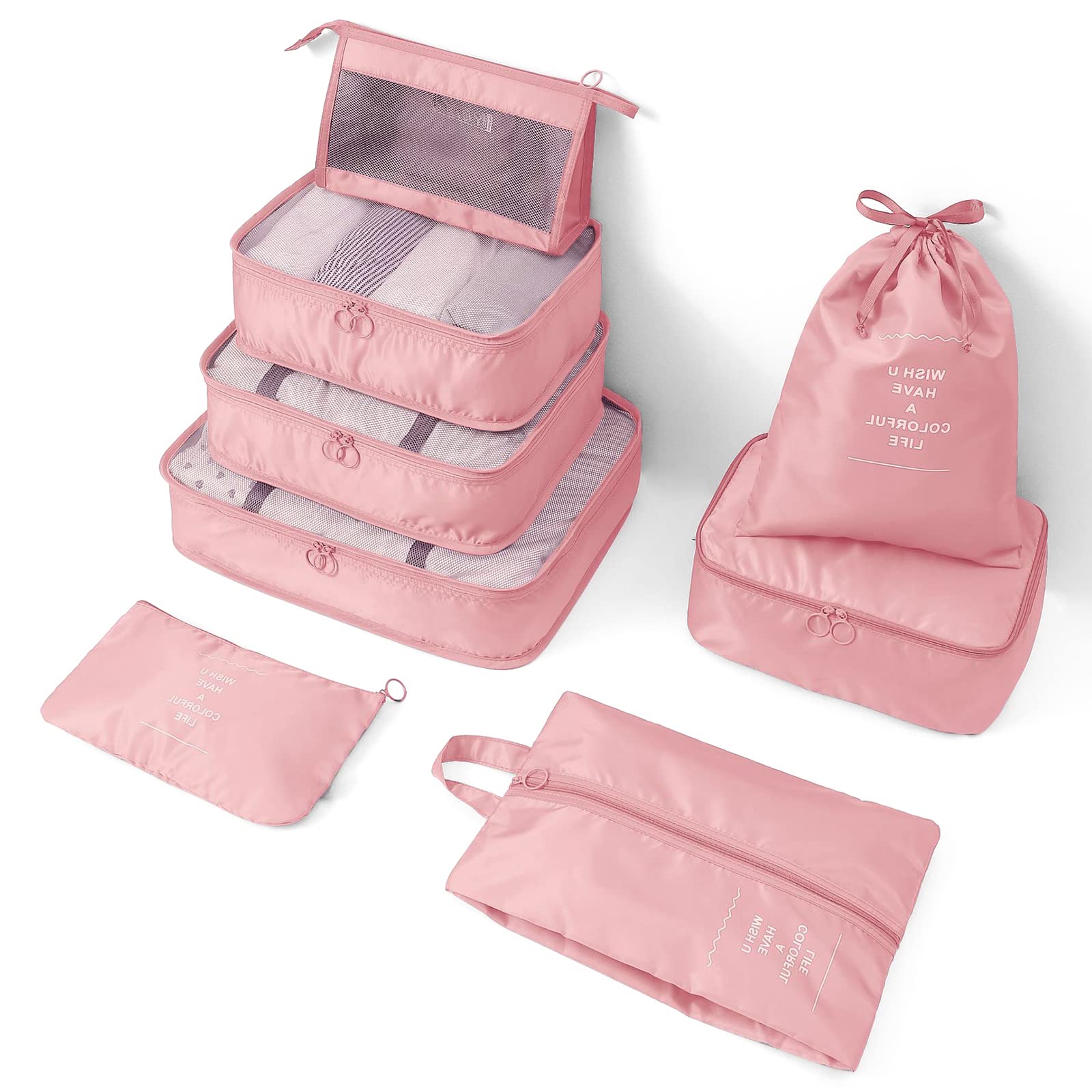 CooyouCooyou 8 PCS Travel Packing Cubes for Suitcases, Waterproof Storage Travel Organizers, Comperssion Pouches, Luggage Organisers Bags For Travel Accessories, Pink