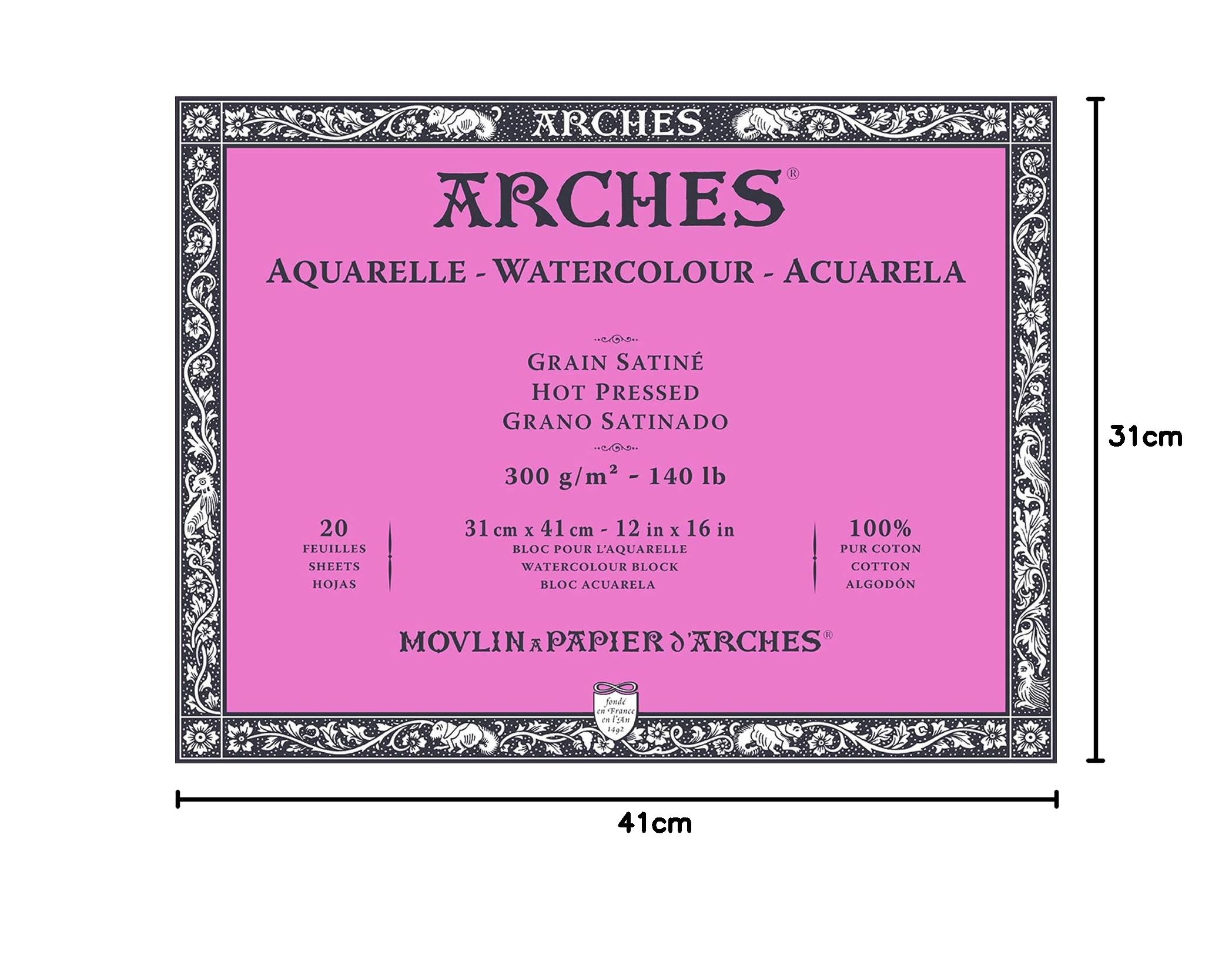 ARCHES Acquarelle - Blocco 20 fogli 31 x 41 incollato 4 lati - 300 g/m² - grana satinata, bianco naturale, 4 bordi franchi