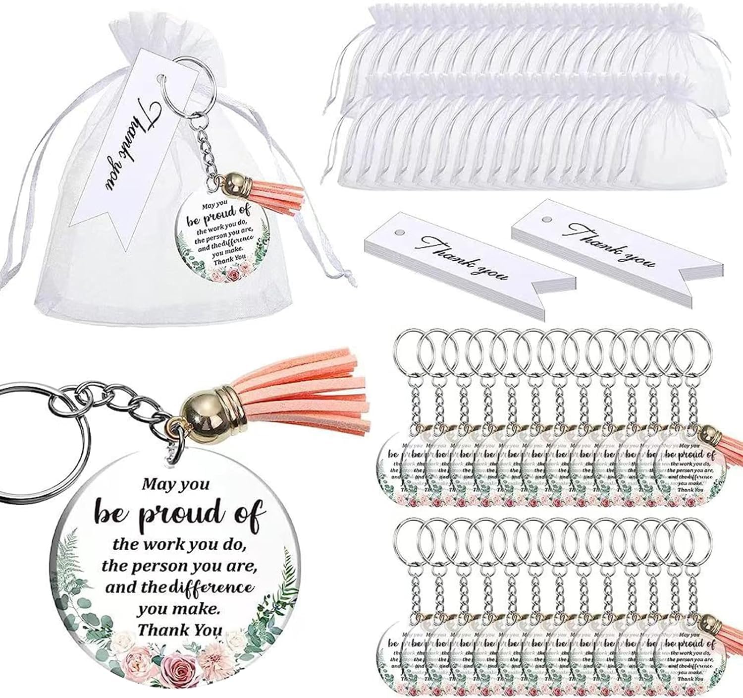 Aowin Appreciation Acrylic Keychain,Floral Circle Acrylic Keychain with Tassels Organza Bags and Thank You Cards,Employee Appreciation Gifts,Keychains Gift,Birthday Graduation Gift(48 Set)
