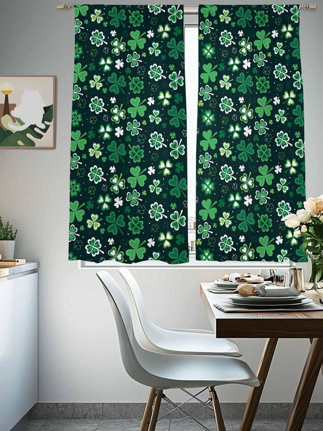 St. Patrick's Day Sheer Curtains 63 Inches Long 2 Panels, Spring Green Plant Shamrock Fantasy Rod Pocket Window Sheer Curtain Voile Drapes for St. Patrick's Day Party, 52''x63''