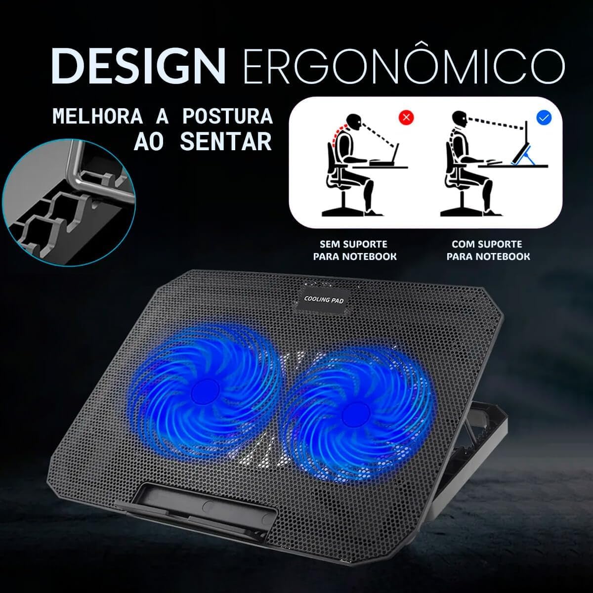 Suporte Para Notebook com Cooler Duplo Silencioso 8 Níveis de Ajuste Ergonômico Iluminação Interna e USB