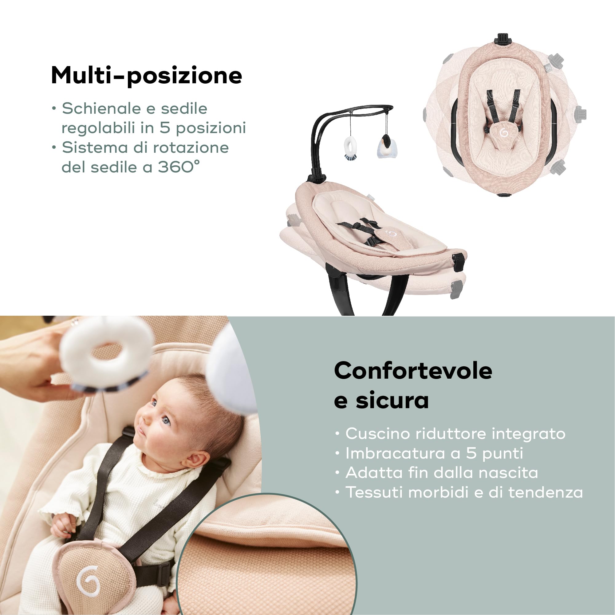 Babymoov Altalena per bambini elettrica Swoon Evolution Mocca- Connessa con applicazione mobile - Streaming musicale, registrazione di voci e ninnenanne personalizzate - Riduttore per neonato incluso