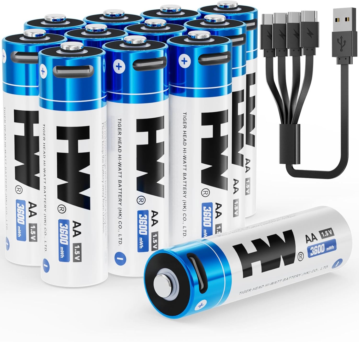 HW USB Rechargeable AA Batteries 12 Pack, [1.5V, 3600mWh] Lithium Double A Battery,1000+ Cycles Long Lasting 2A Batteries for Remote Controls,Doorbell,Clock,Wireless Mouse,Toys,etc.