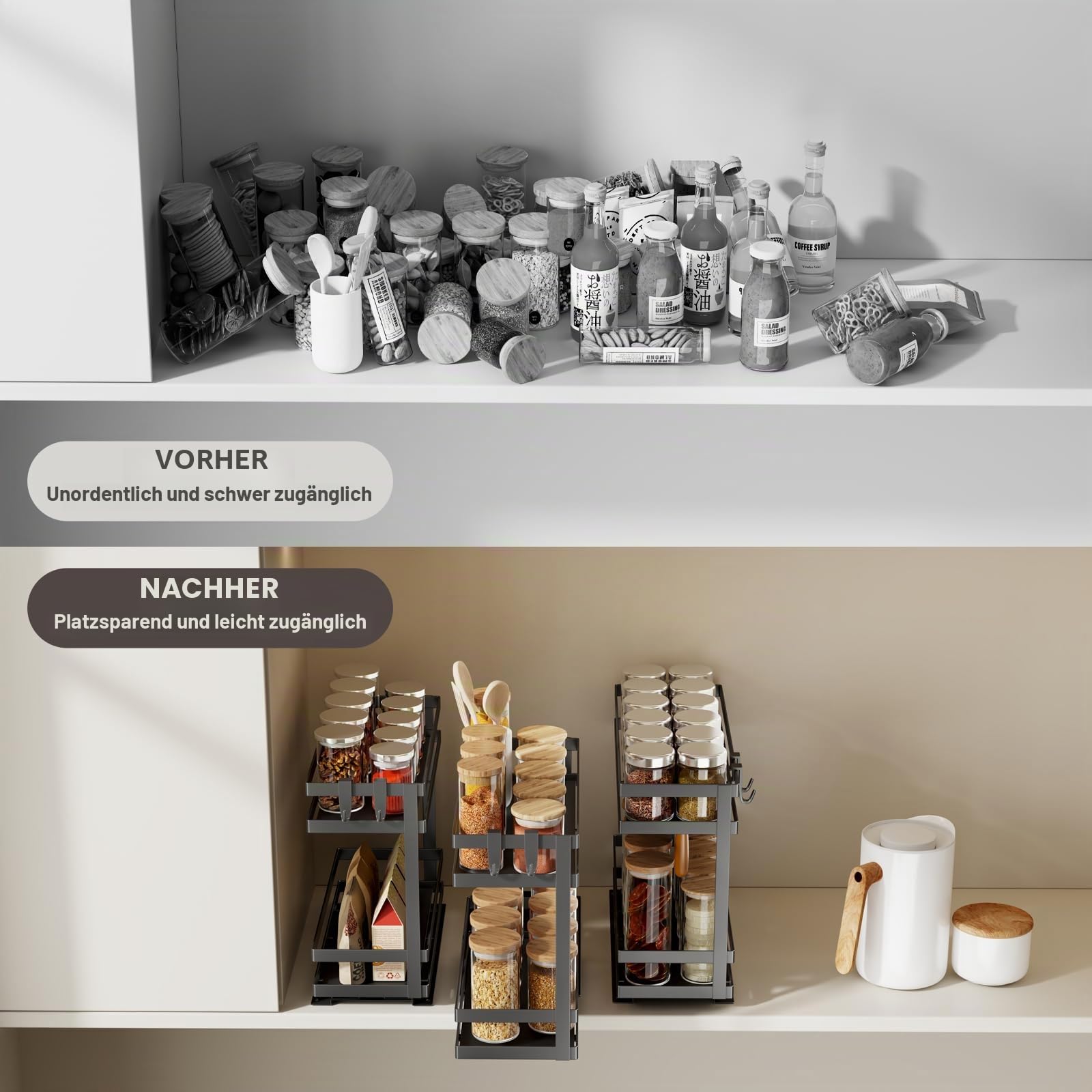 Magheo 2 Stück Gewürzregal Ausziehbar, Metall Gewürz Organizer Schrank, 2 Etagen Herausziehen Gewürzregal Stehend, Kleines Gewürzregals Ohne Bohren Innenschrank Küchen Spice Rack Pull Out (Schwarz)