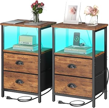 sthmec Nightstand with Charging Station LED Nightstand Set of 2 Bedside Tables End Tables Bedroom Table with 2 Fabric Drawers PU Finish 3 Tier Storage Side Table for Bedroom Rustic Brown