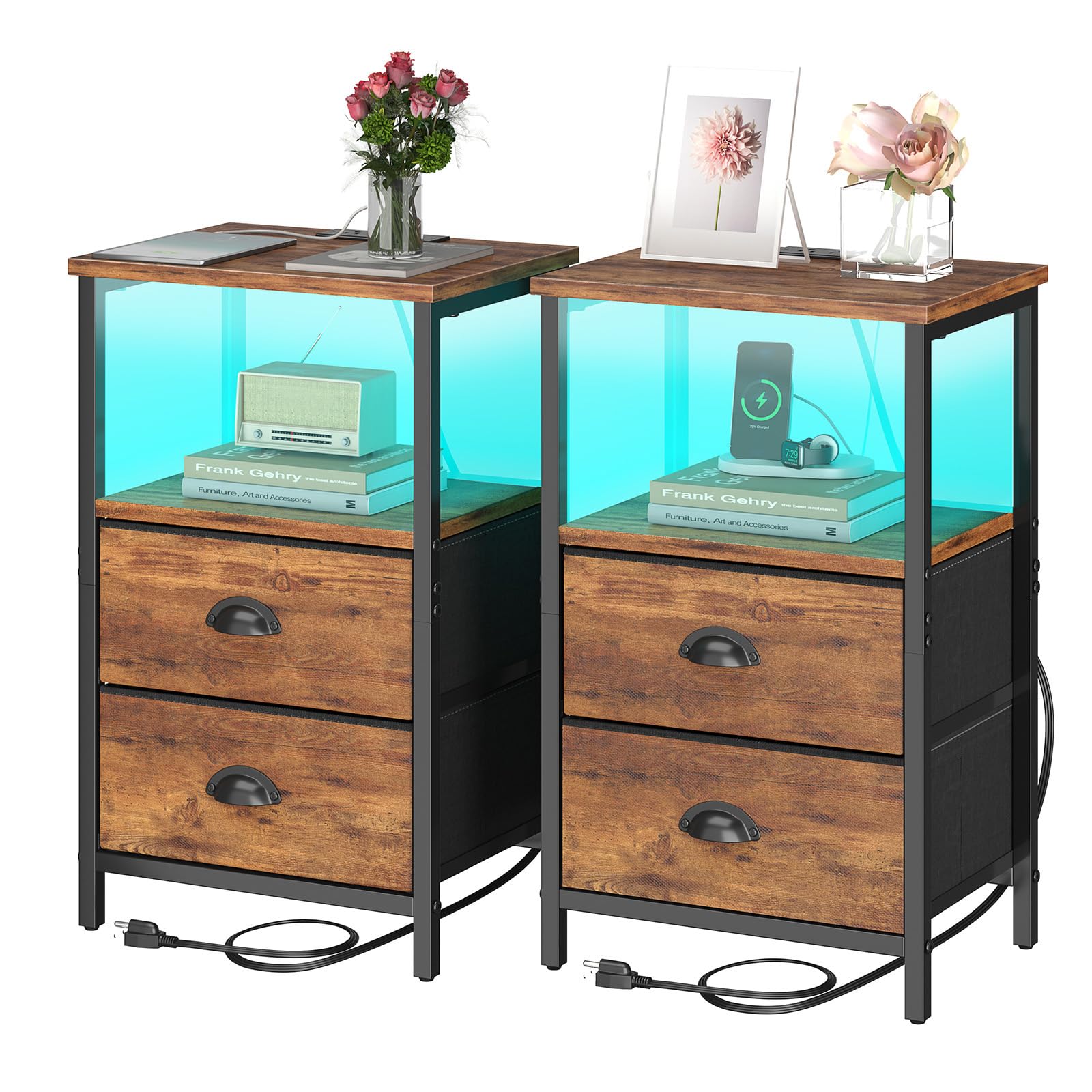 Rustic Brown Industrial Nightstand Set of 2 Bedside Table with 2 Fabric Drawers 3-Tier Storage LED Light Charging
