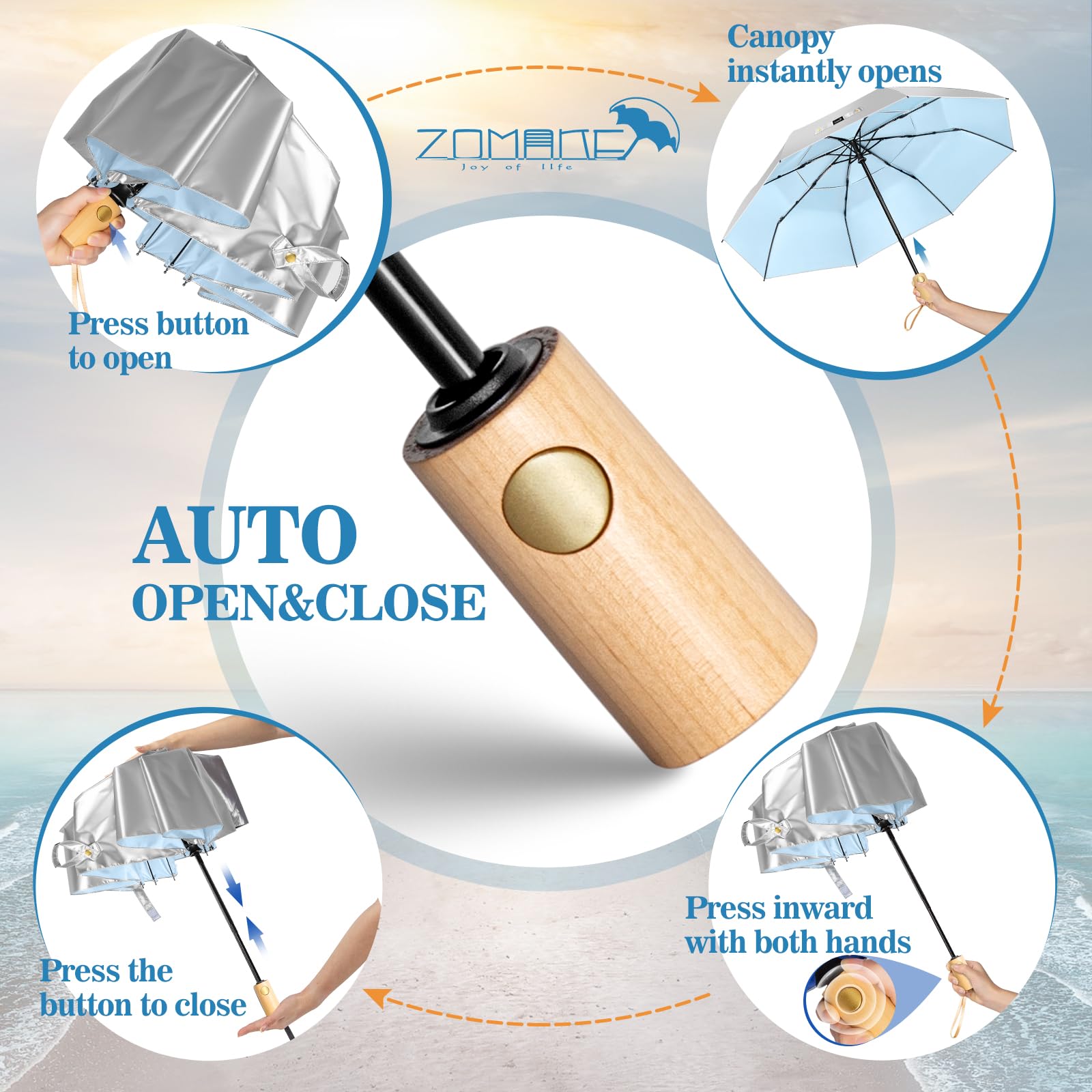 ZOMAKE Parasol Anti Uv,Paraguas Plegable AutomáTico De Sol,Paraguas Compacto Con Mango De Madera Para Hombre Mujer