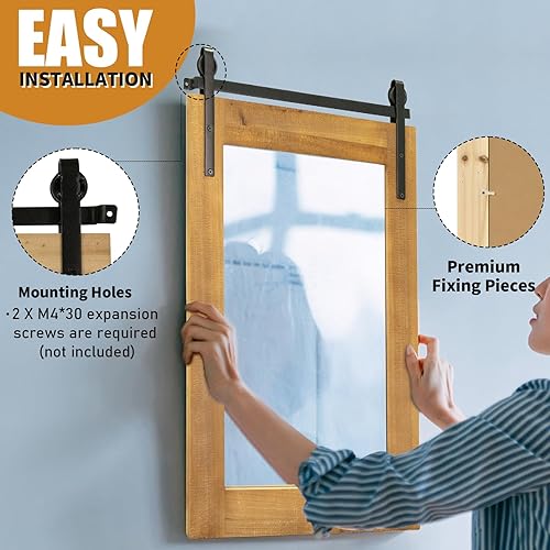 Miniatura 8 de Espejo de pared de granja, 22 x 30 pulgadas, espejos de pared con marco de madera rústica, estilo puerta de granero, espejo decorativo rectangular