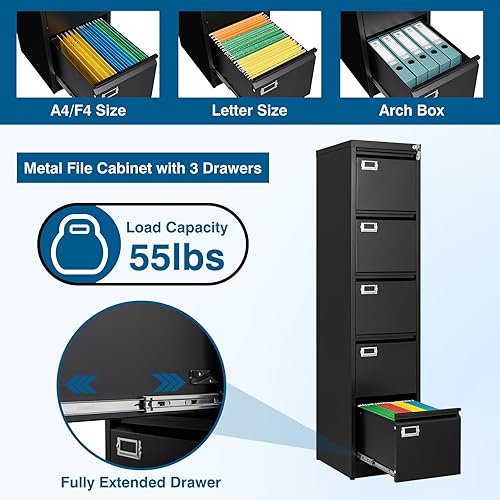 Vista 65 de Archivador de 3 cajones, archivador vertical de 16.3 pulgadas de profundidad con cerradura, archivador de metal para oficina en casa, 3 cajones