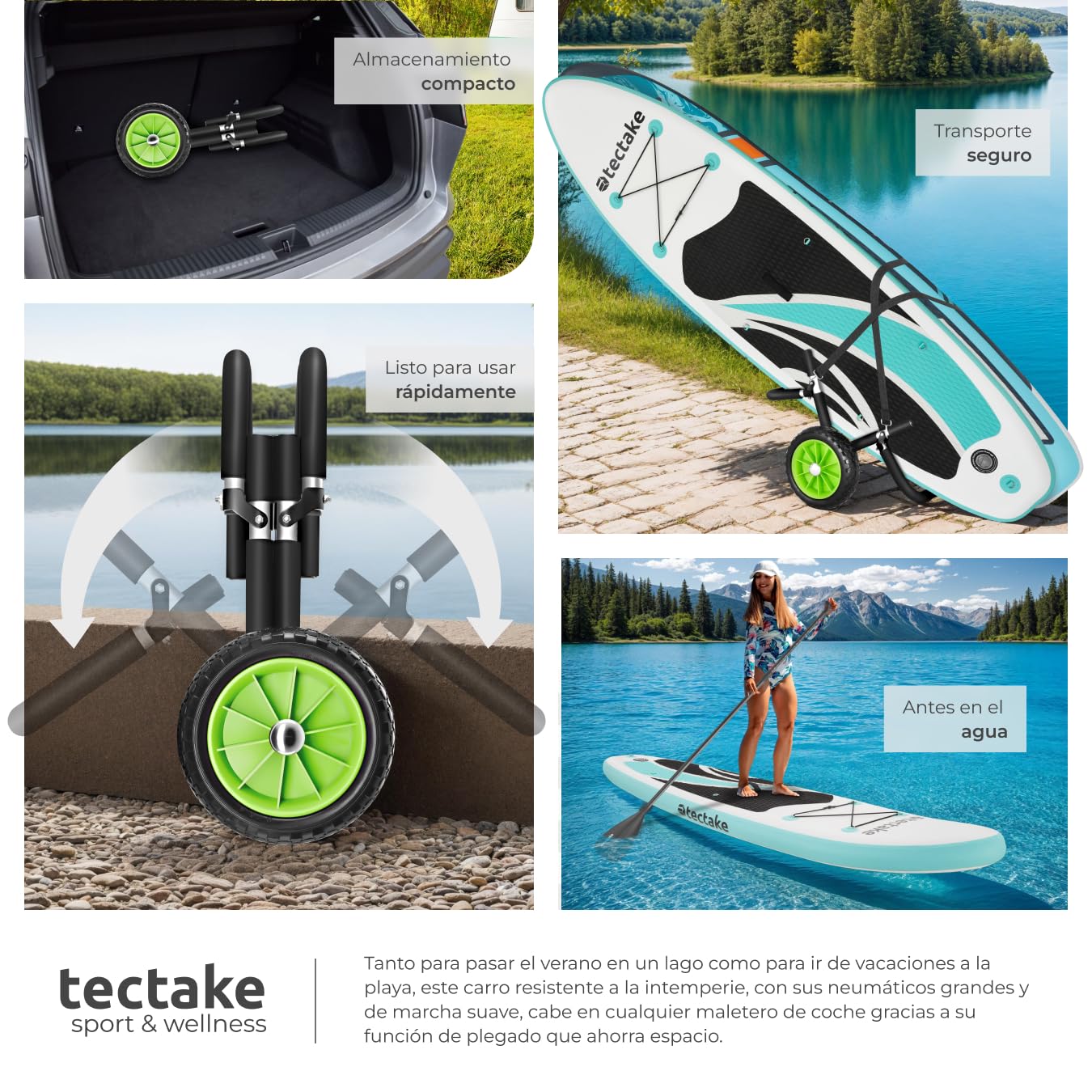 Tectake Carro de Transporte para Tabla de Surf o Padel Surf, Aluminio, 2 Tablas, Ruedas de 24 cm, Negro/Verde