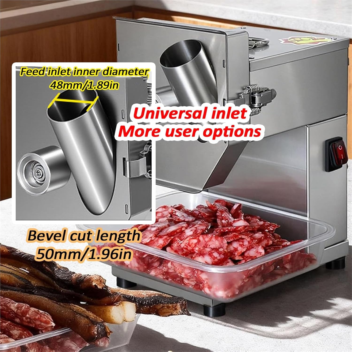 Affettatrice elettrica per salsicce in acciaio inossidabile, taglierina commerciale per cetrioli con lama da 3 mm, velocità 200 giri/min, diametro ingresso 48 mm, ideale per prosciutto e verdure
