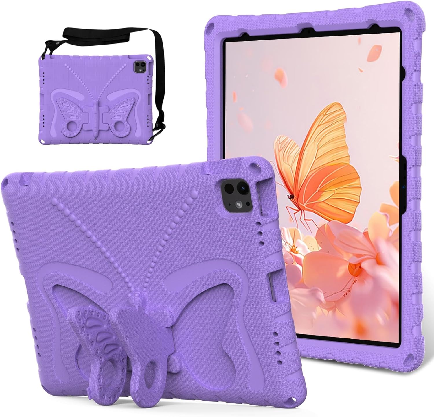 YEMENGHUA Heavy Duty Protection Compatible with iPad Air 13inch 2024 Case,Lightweight EVA Kid Friendly Shockproof Protective Case,Shoulder Strap Case Butterfly Kids Case(Purple)