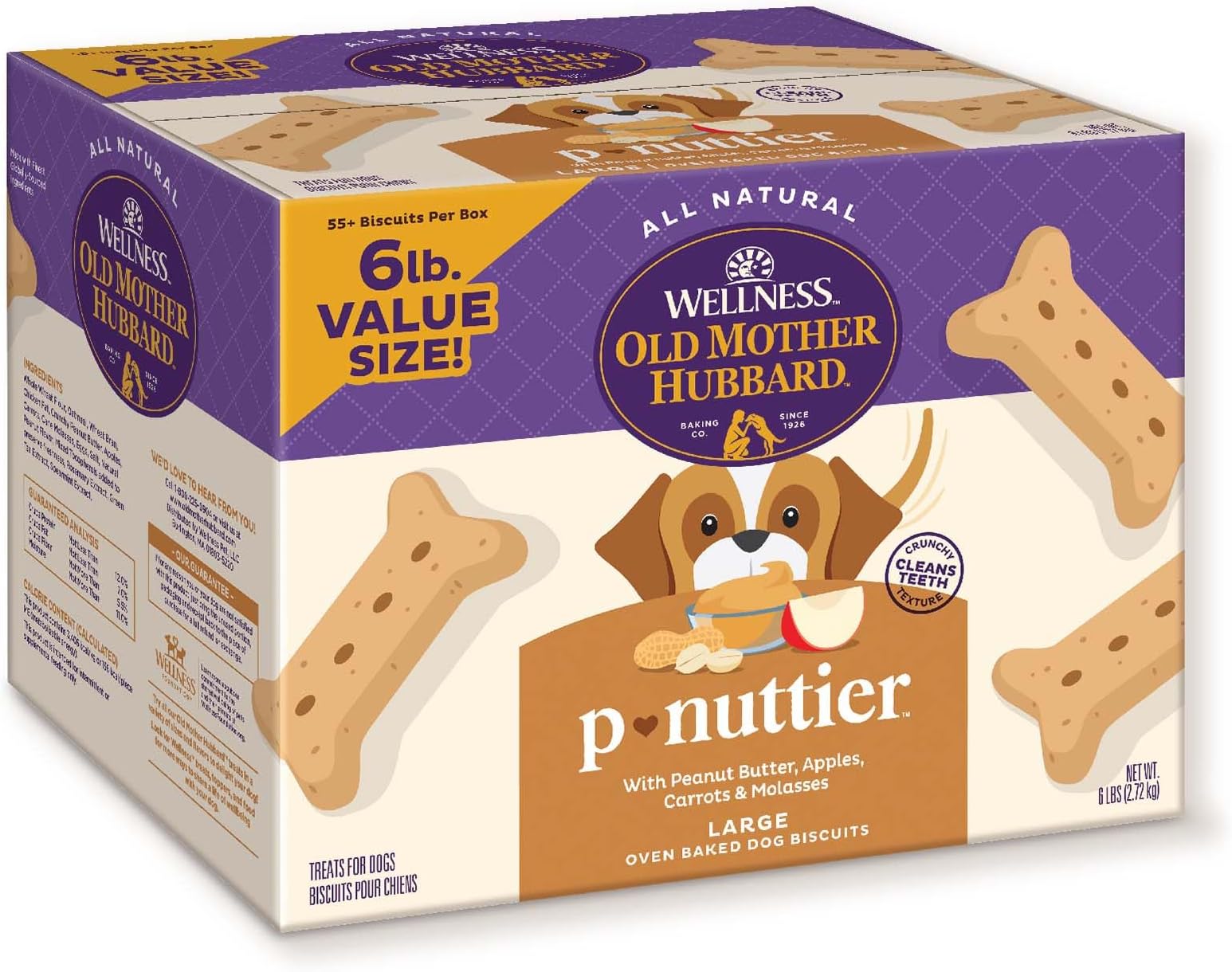 Wellness Old Mother Hubbard Classic P-Nuttier Dog Biscuits, Natural Training Treats, Peanut Butter Flavor, Large Size, 6 lb Box