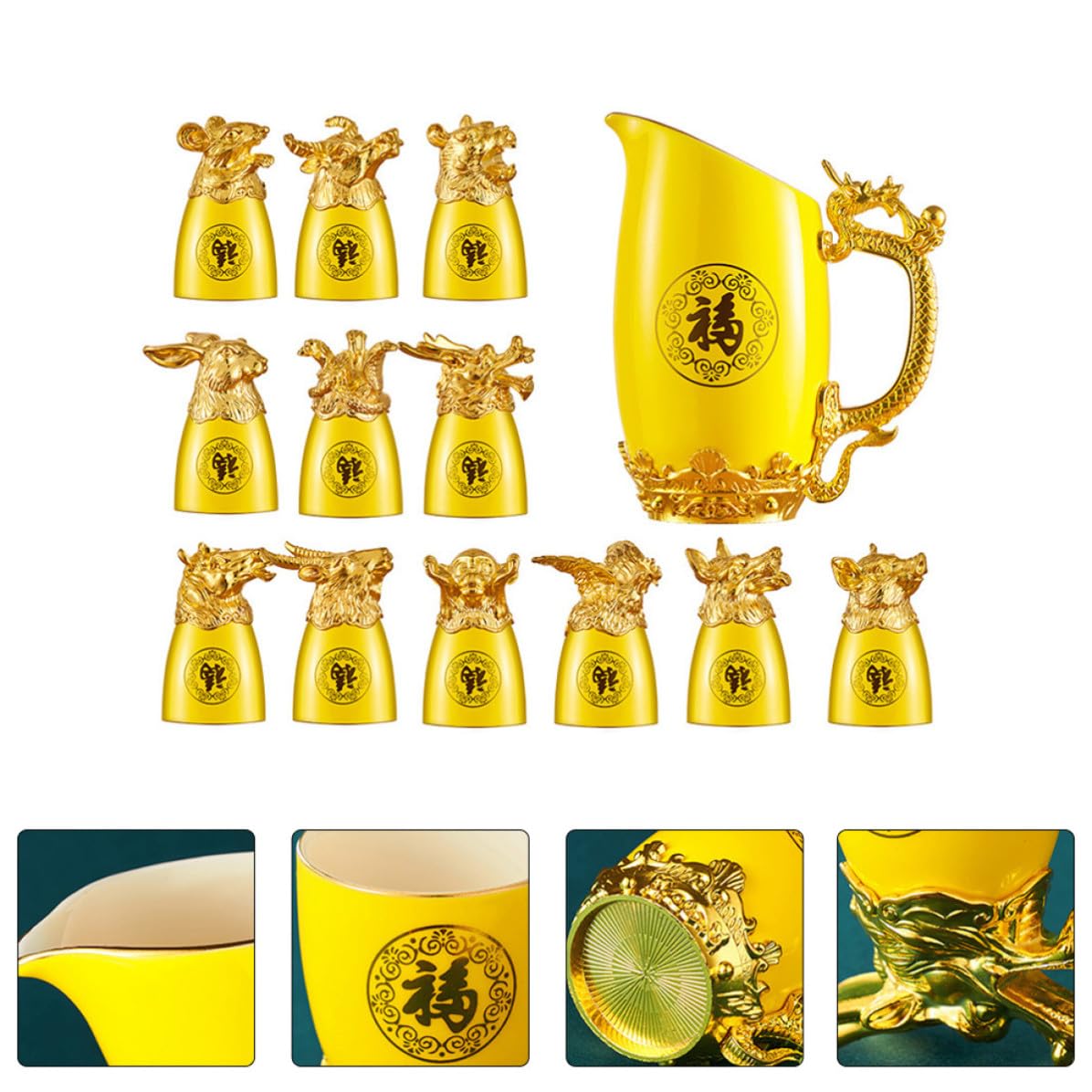 GALPADA Set di Bicchieri da Liquore in Ceramica Design Zodiacale Cinese Giallo, Decorazione Elegante e Resistente per Bar e Casa, Caraffa