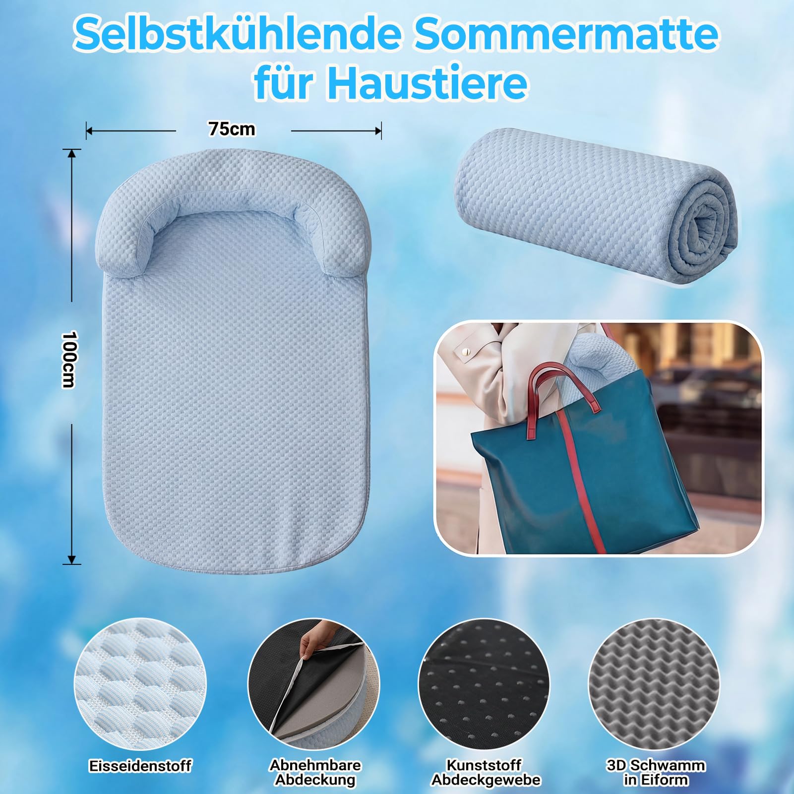 Tapis rafraîchissant pour chien - Tapis de refroidissement auto-rafraîchissant - Tapis de couchage et meubles pour chien - Lavable - Pour l'intérieur, l'extérieur et la voiture (100 x 75 bleu)