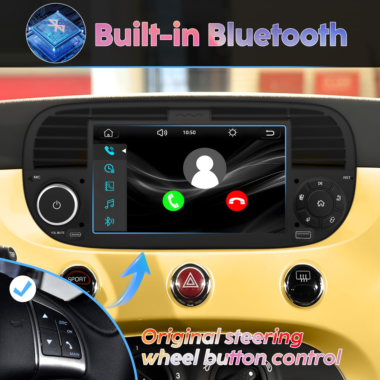 Autoradio con Sistema Linux e schermo IPS da 7 pollici, compatibile con Fiat 500 (2007-2015)| CarPlay & Android Auto wireless integrati | Supporta AM/FM/RDS | DSP/USB/Bluetooth/Microfono nero