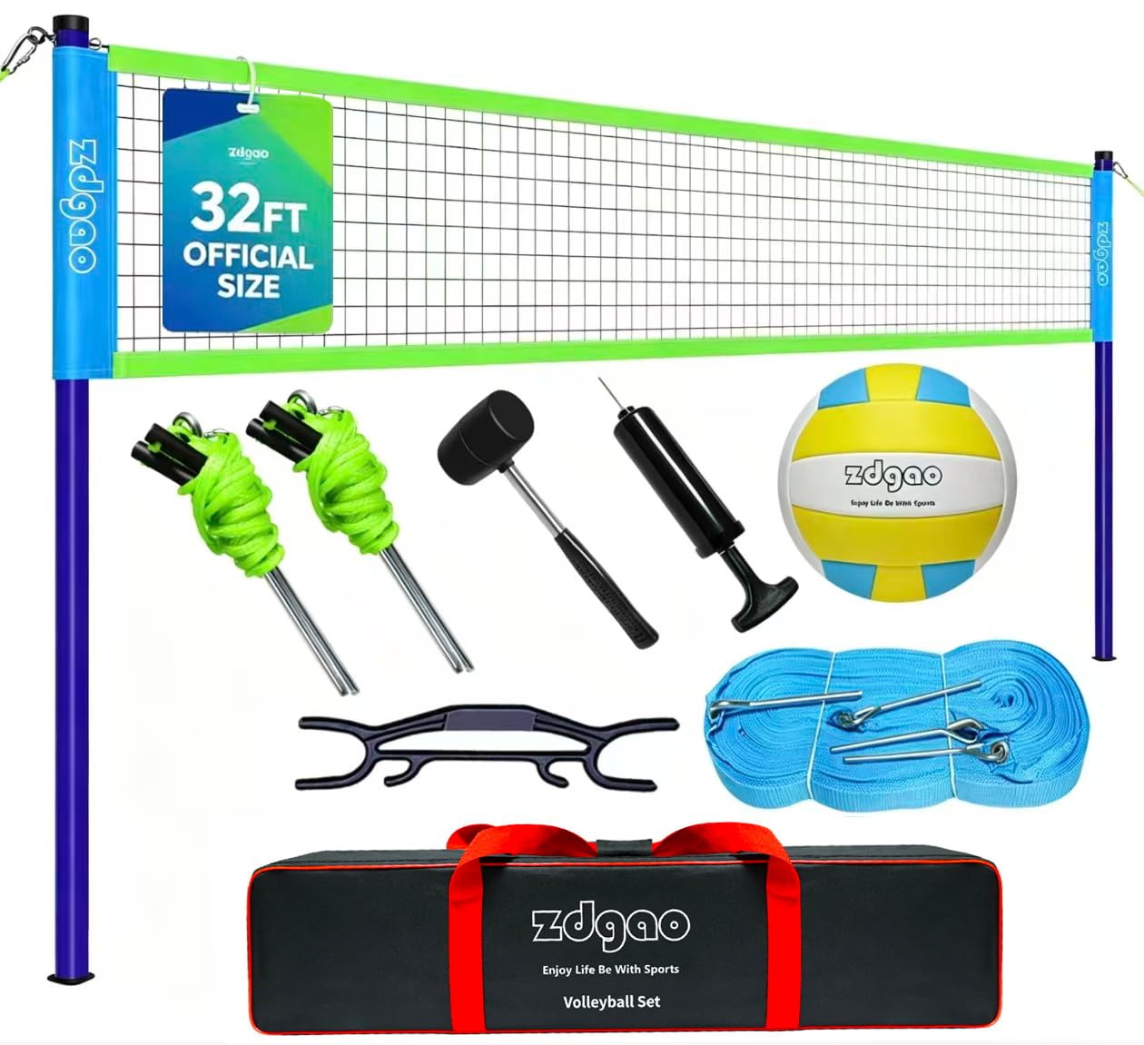 Zdgao 32FT Outdoor&amp;Portable Volleyball Net-Adjustable Thick Dia Poles