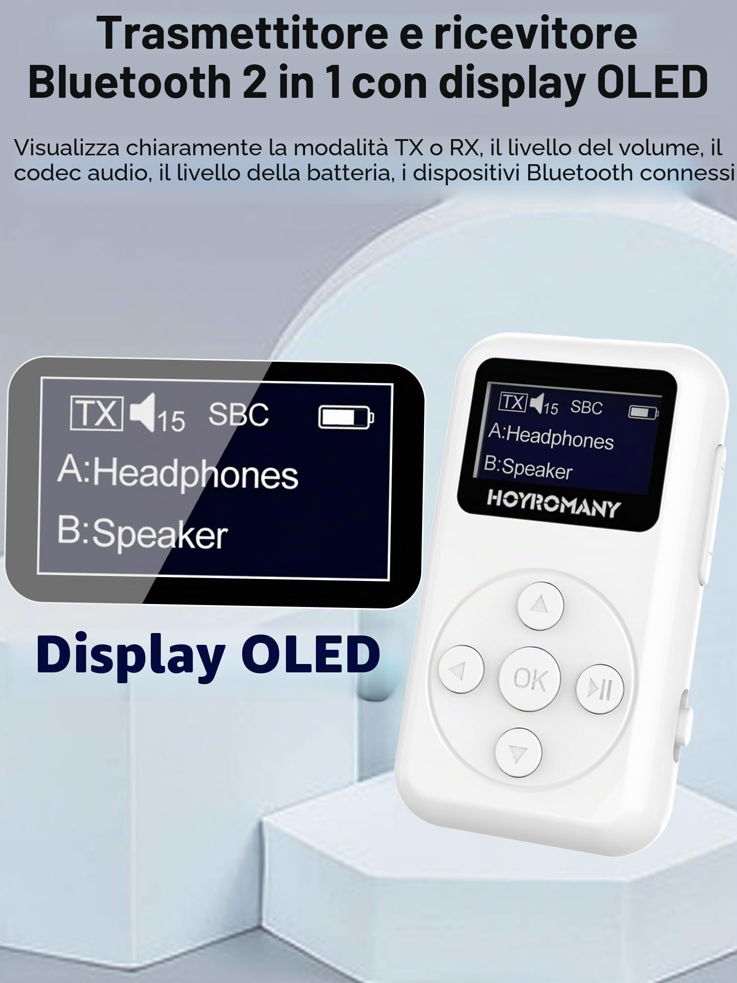 Trasmettitore Ricevitore Bluetooth 5.3 con Schermo OLED, 2 in 1 Adattatore con Jack Aux 3,5mm, aptX Bassa Latenza, HD Audio con Batteria da 25 Ore per TV, Impianto Stereo, 2 Cuffie, Auto