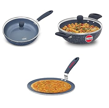 Hawkins Ceramic Nonstick Frying Pan, 24 cm with lid, Kadhai 2.5 LTS with lid and Tawa 26 cm, Grey, 3 Piece Combo Set