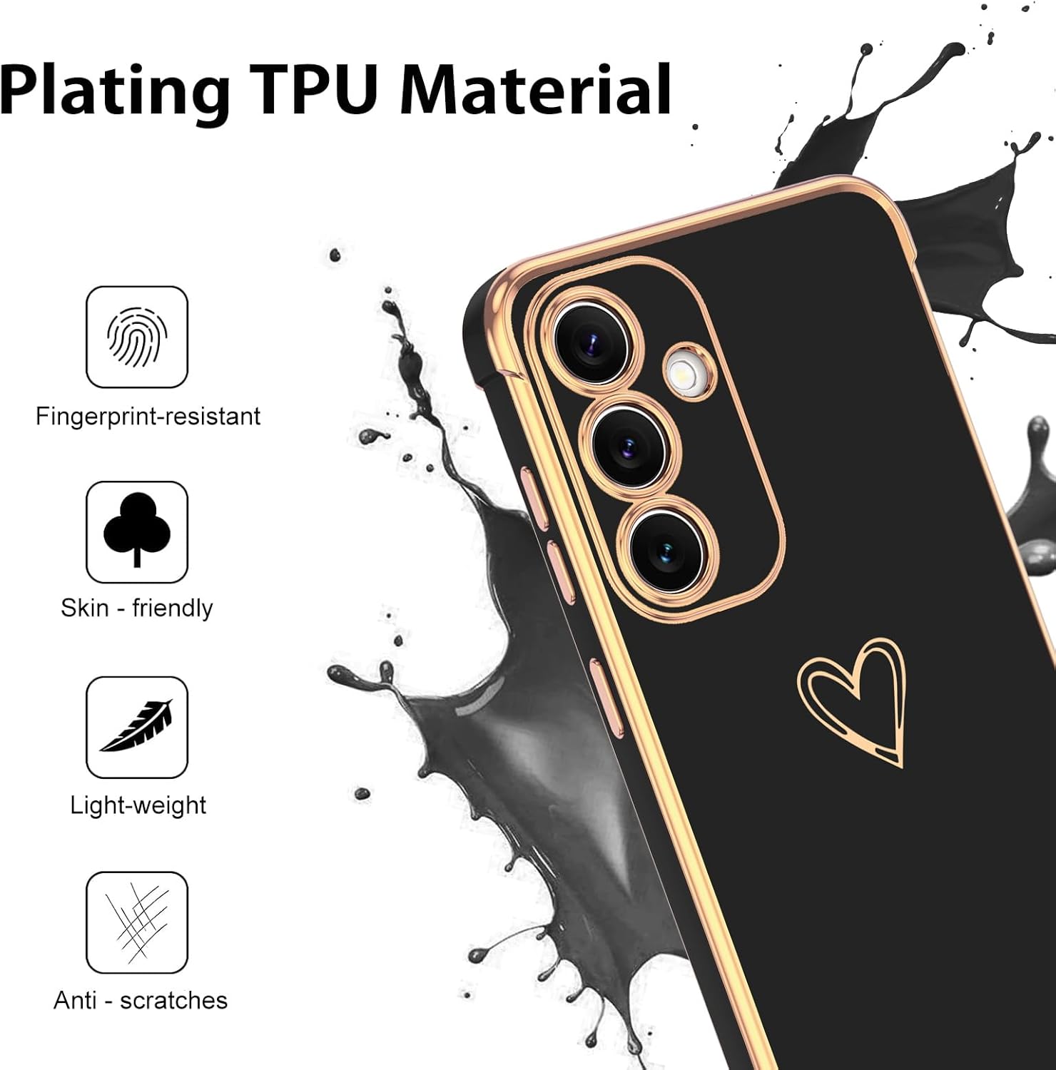 GUAGUA for Samsung S25 Case Galaxy S25 Case Plating Cover Cute Heart Pattern Soft TPU with Camera & 4 Corners Shockproof Protection Slim Phone Case for Samsung Galaxy S25-Black - Image 4