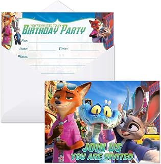 16pcs Zootopia 2 Birthday Invitation Cards with Envelopes, Zootopia Party Supplies for Kids Birthday Decorations