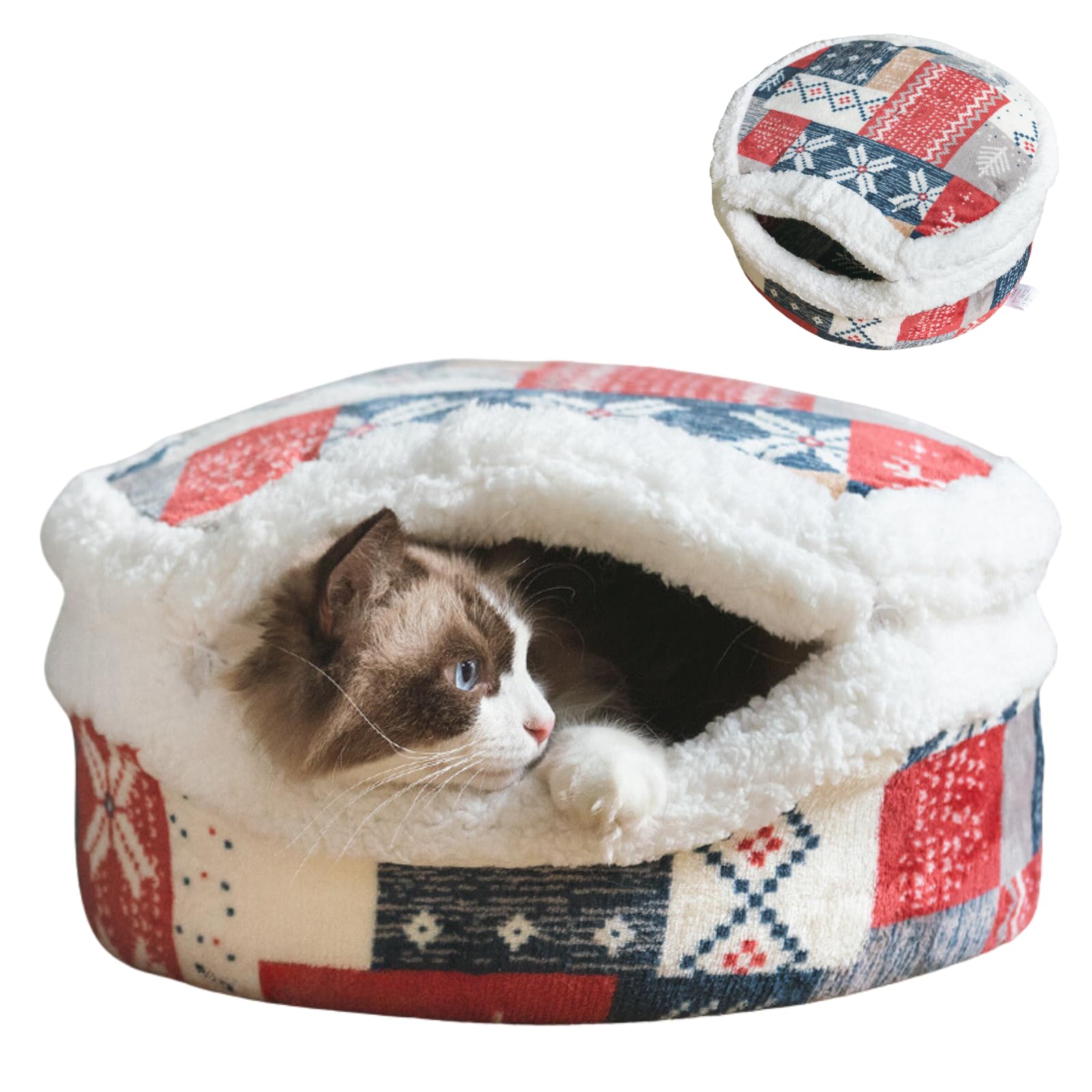 Cat Cave Bed – Enclosed Self Warming Hideaway with Detachable Lid & Mat, Covered House for Indoor Kitten & Kitty (Snow)