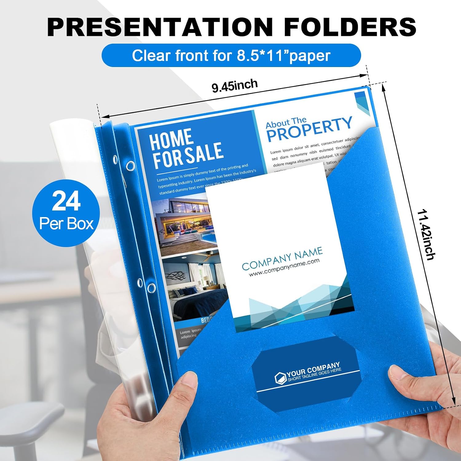 Teling 24 Pcs Clear Front Report Covers with 3 Prongs, Suit for A4/8.5'' x 11'' Letter Size Paper, Plastic Blue Presentation Folders Bulk, 90 Sheet Capacity, for School Business