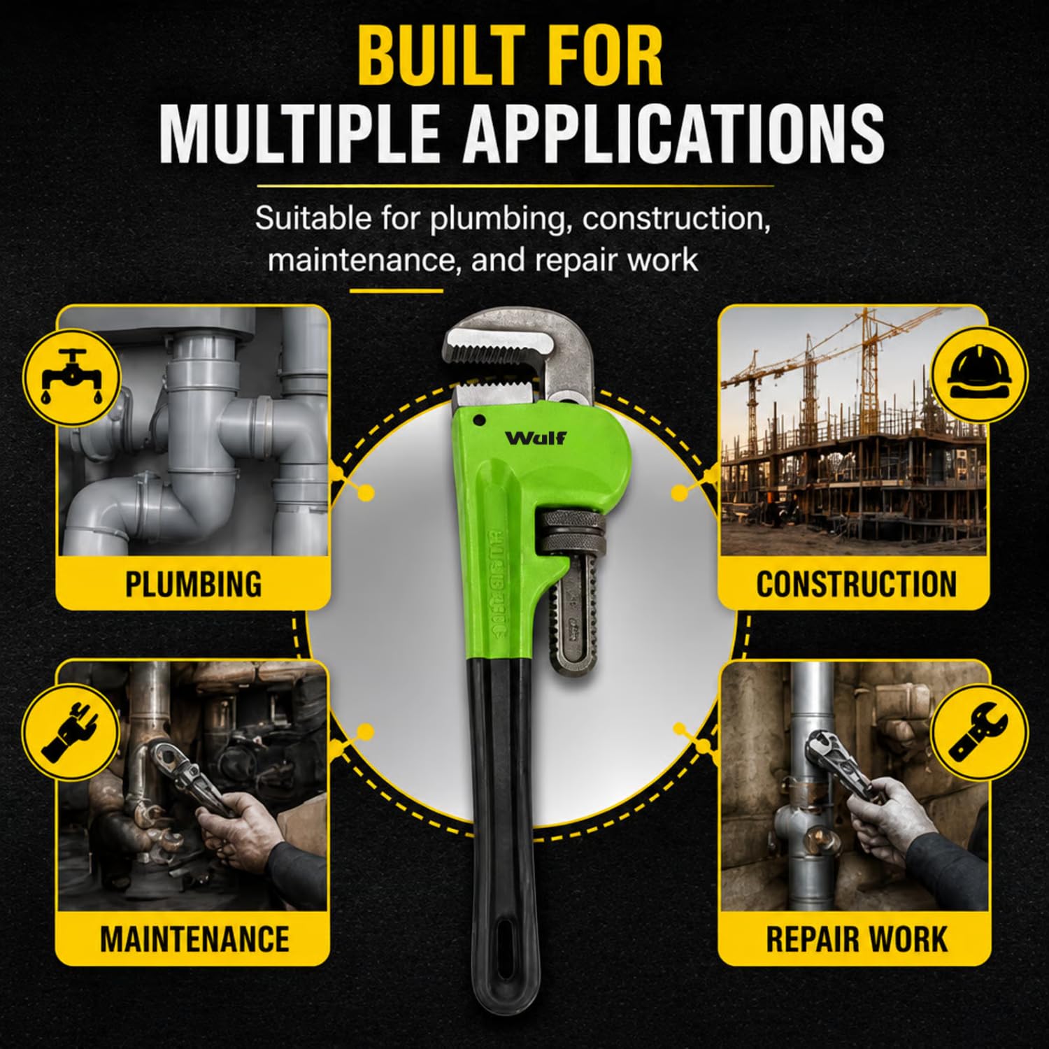 Wulf 24 Inch Heavy Duty Pipe Wrench | Adjustable Chrome Vanadium Steel Plumbing Tool for Construction & Industrial Use | Strong Grip, Anti-Slip Teeth | Professional Wrench for Pipes & Fittings 4