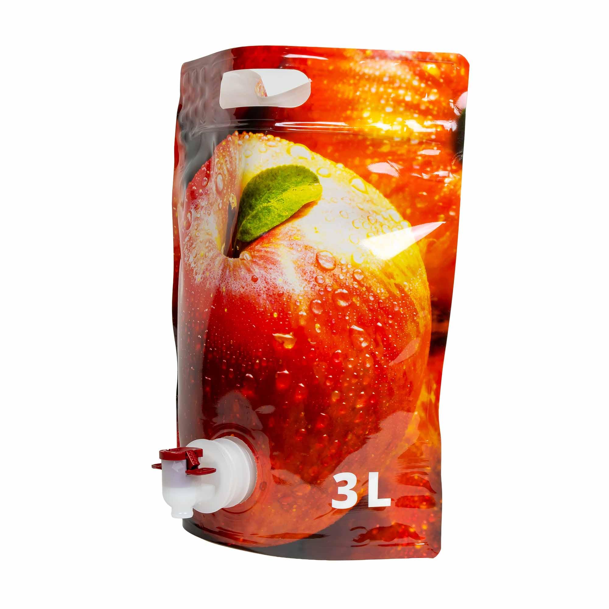 50 Stk. Standbeutel 3L mit Apfelmotiv – Bag in Box – Auslaufhahn & Tragegriff – BPA-frei – Ideal für Saft, Wein, Flüssigkeiten – Wiederverwendbarer Getränkebeutel
