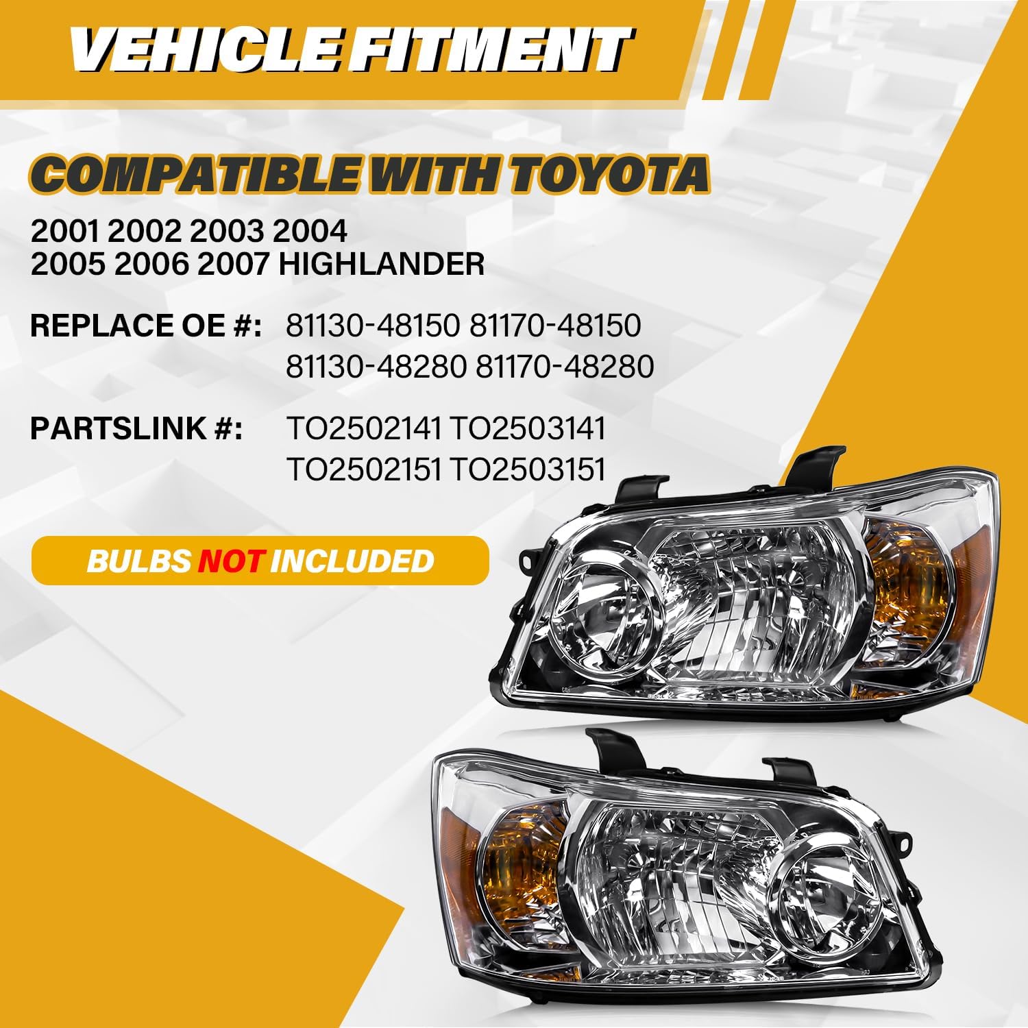 Headlight Assembly Compatible with Toyota Highlander 2001-2007, Halogen Headlamp Replacement Without Bulbs for 81130-48150 81170-48150 81130-48280 81170-48280, Chrome Housing Amber Reflector