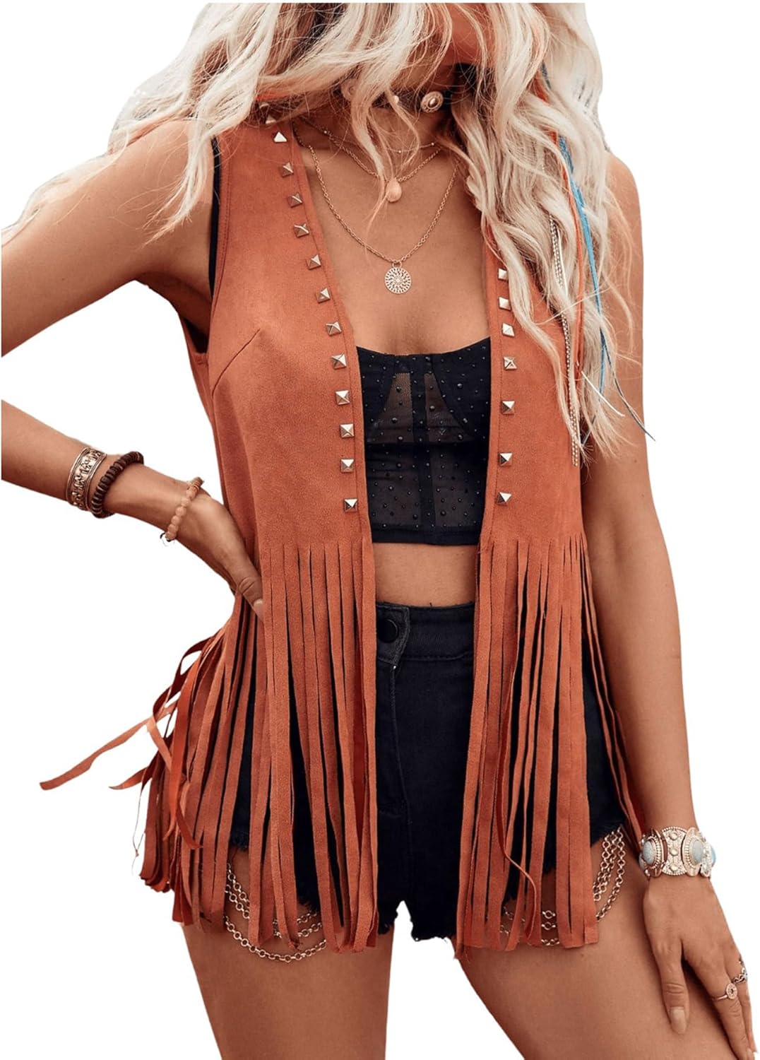 GORGLITTER Women's Western Fringe Vest Nashville Rodeo Country Cowgirl Outfits 70s Hippie Faux Suede Tassel Jackets