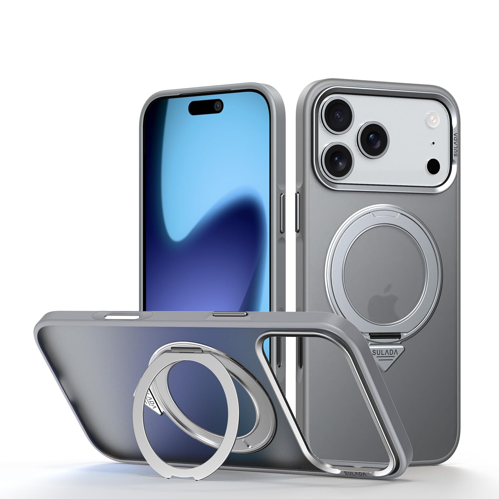 Funda Delgada Translúcida para iPhone 17 Pro Max/17 Pro/17 Air/17, con Soporte Giratorio de 360 ​​Grados, Antiamarilleo y Protección a Prueba de Golpes.-Grey||17 Air
