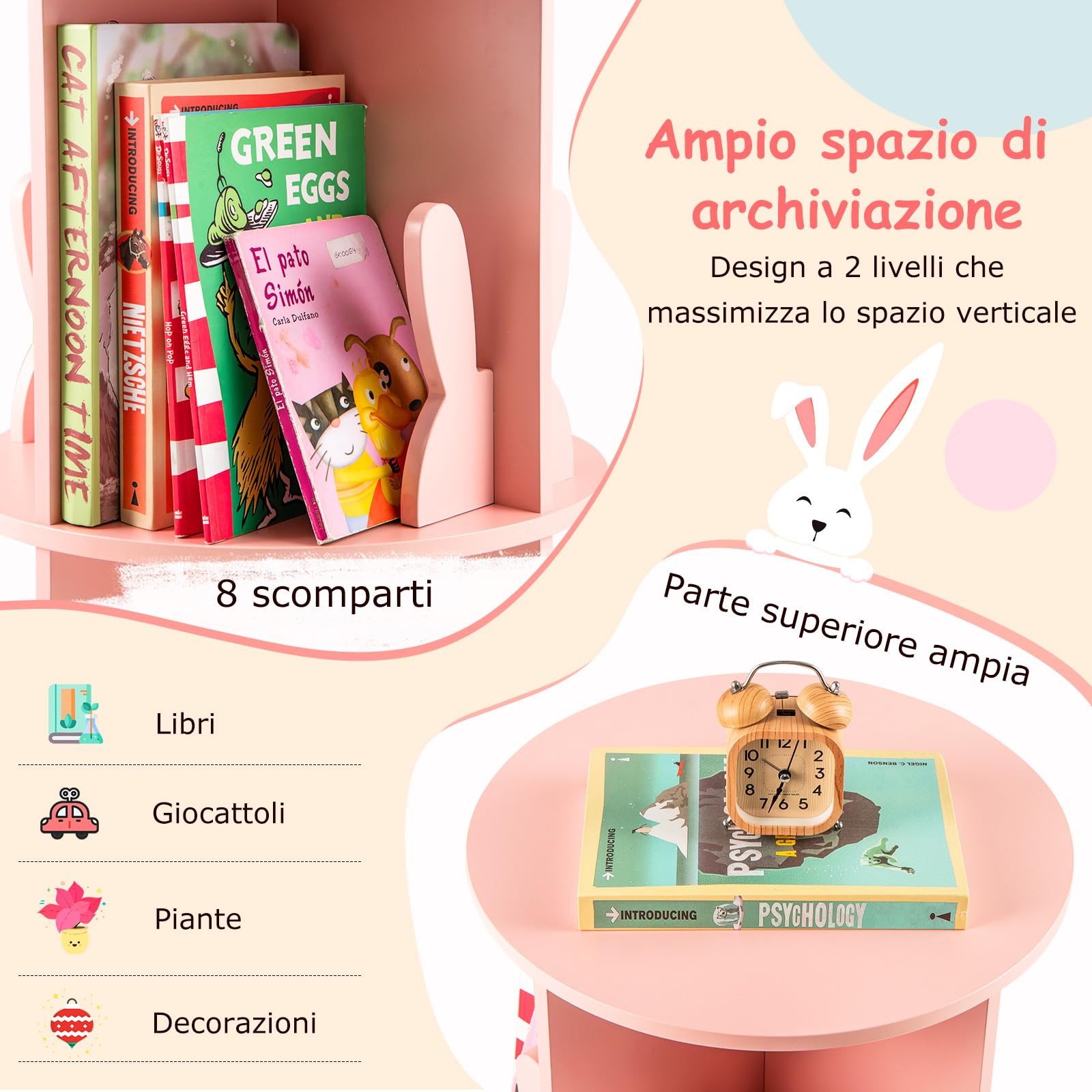 COSTWAY Libreria Girevole per Bambini, Scaffale Moderna in Legno a 2 Ripiani, Libreria Salvaspazio per Soggiorno, Camera da Letto e Studio, 40 x 65 cm (Rosa)