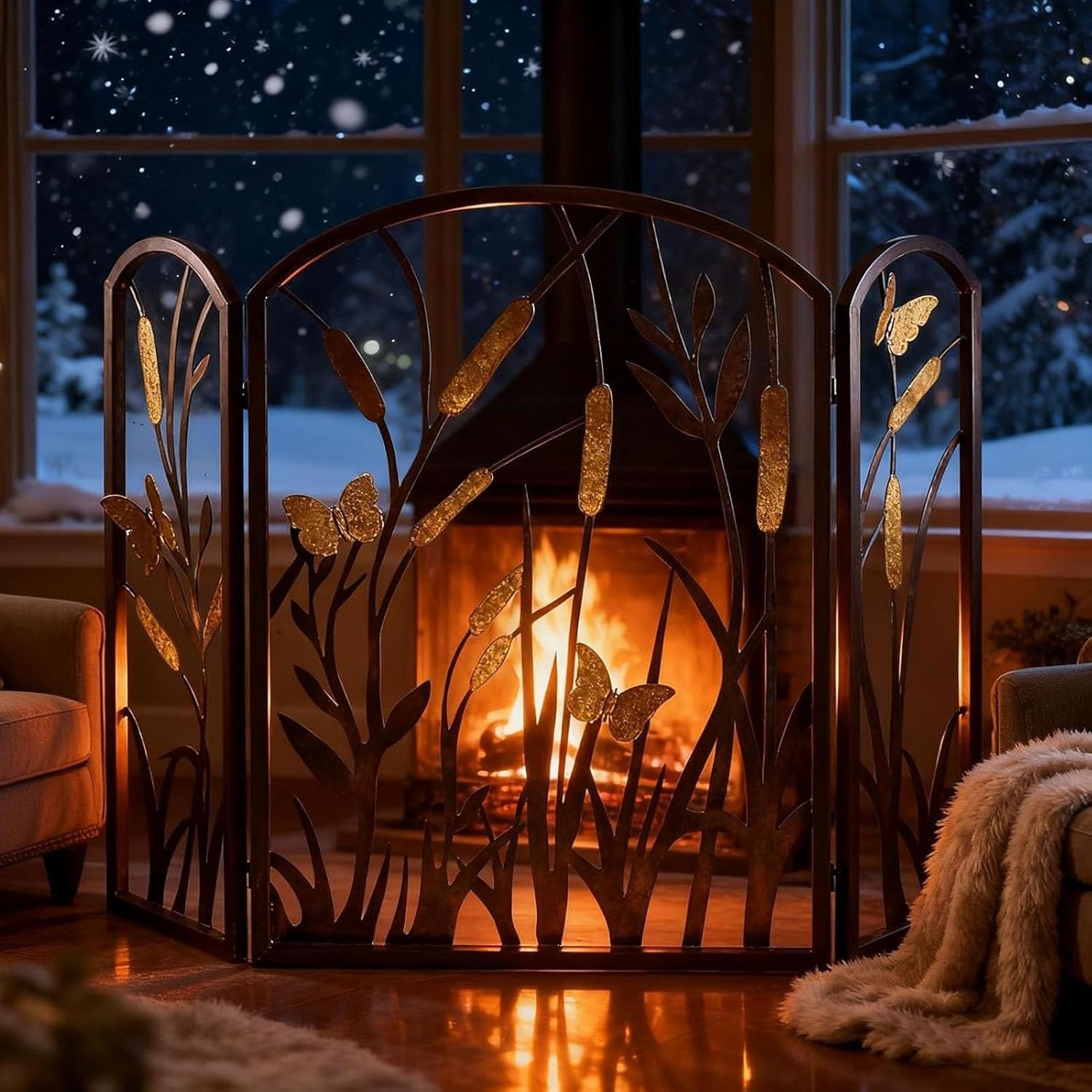 JKGHK Fireplace Screen 3-Panel Safety with Mesh Cover, Foldable Decorative Fire Spark Guard, Metal Spark Guard, Arched Baby Safe Fireplace Fence, for Indoor Decor