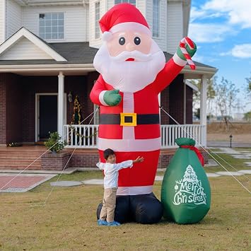12FT Giant Christmas Blow Up Santa Claus Outdoor Decorations, with Cane Candy & Gift Bag, Built-in LED Lights, Christmas Inflatable Decors, Easy Setup for Outdoor Yard Lawn Holiday Decoration