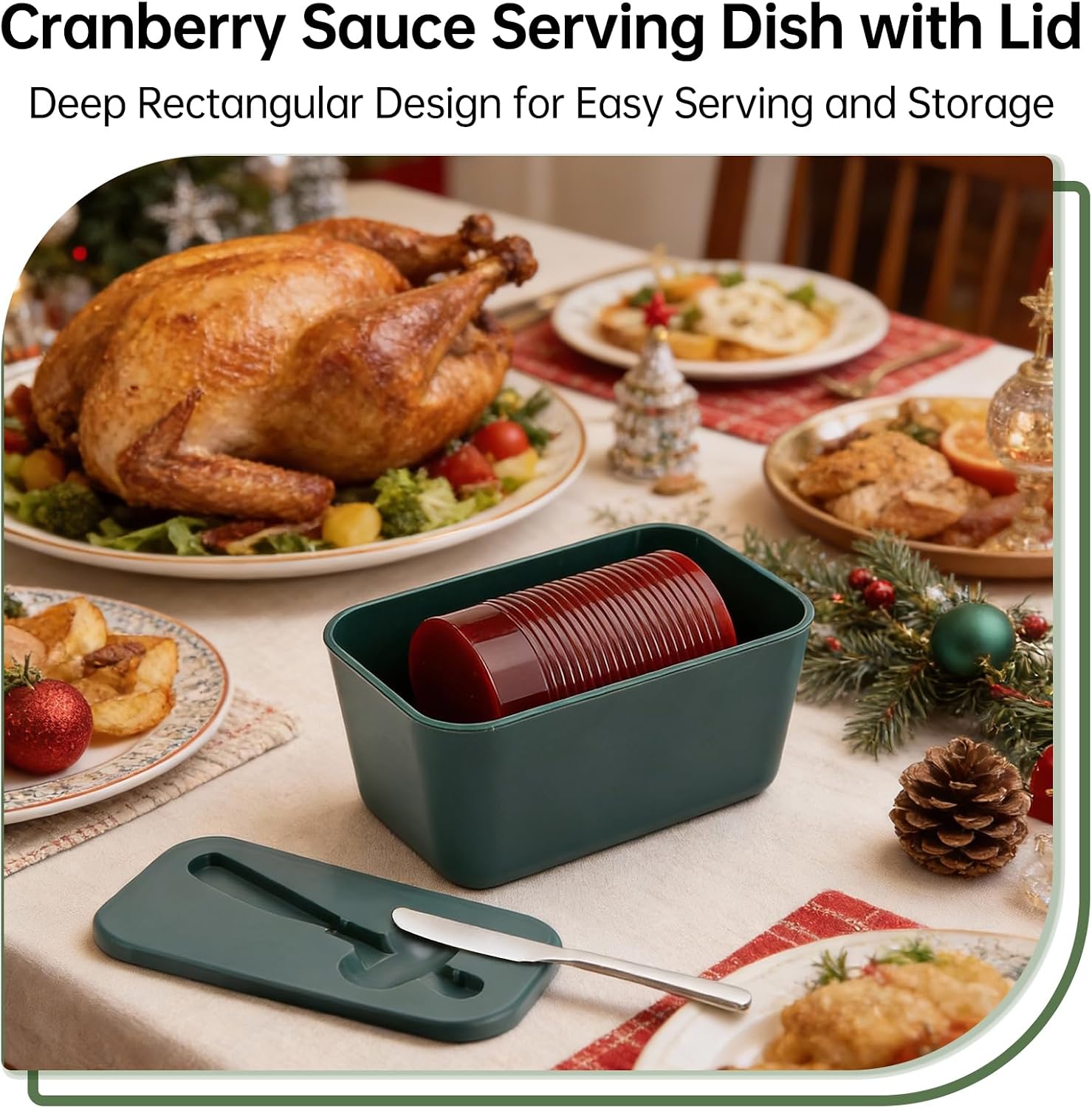 Cranberry Sauce Serving Dish with Lid, Plastic Cranberry Sauce Bowl, with Knife and Lid Knife Holder, Fits One 12-16 Oz Can, Easy Slicing and Serving, Ideal for Thanksgiving and Christmas Table