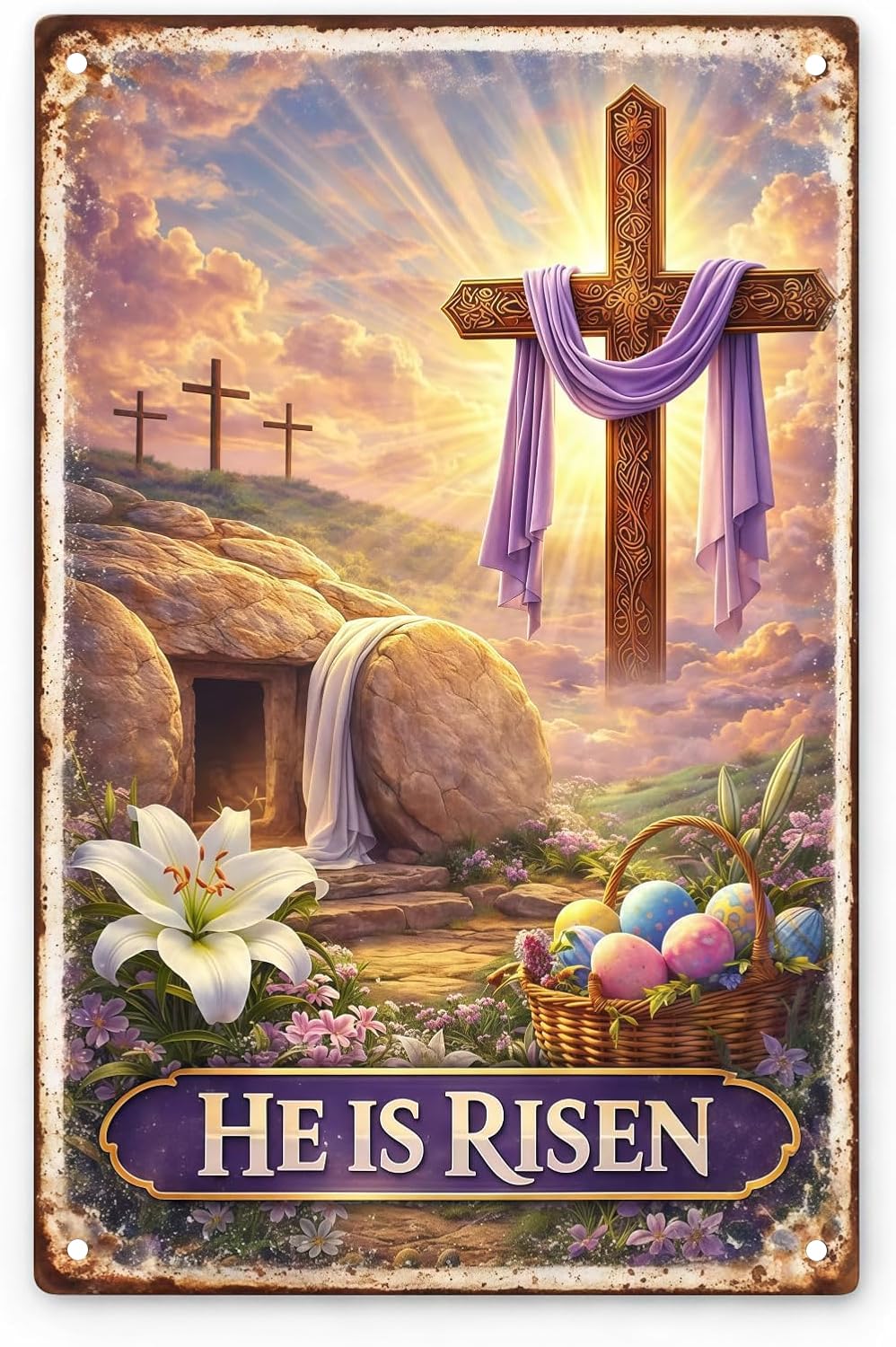 He Is Risen - Vintage Metal Tin Signs Religious Easter Cross Decorations Christian Easter Gift For Farmhouse Home Outdoor Garden Decor 8x12 inch
