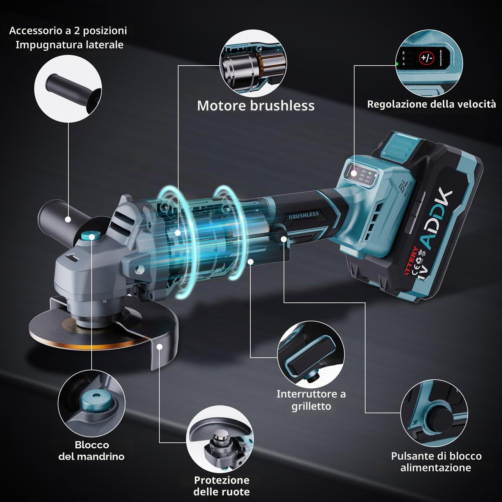 Smerigliatrice angolare senza fili,Professional Smerigliatrice angolare 125mm con 1 batteria 4.0Ah,6 velocità regolabili,Motore Brushless, adatto per la macinazione, la lucidatura e il taglio (a)