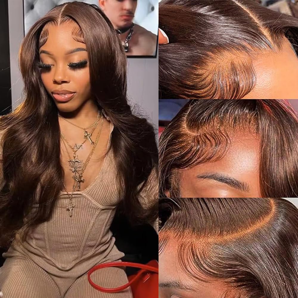 Body Wave 4# Chocolate Brown HD Lace Front Wigs 4x4 Inch Brazilian Virgin Human Hair Pre Plucked 180% Density Glueless Wear For Women （30 Inch）