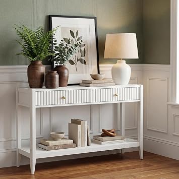 Console Table with Drawer, 43.9" Entryway Table with Storage, Sofa Table Behind The Couch with Fluted Drawers and Open Shelf for Entrance Hallway Living Room, Cream White