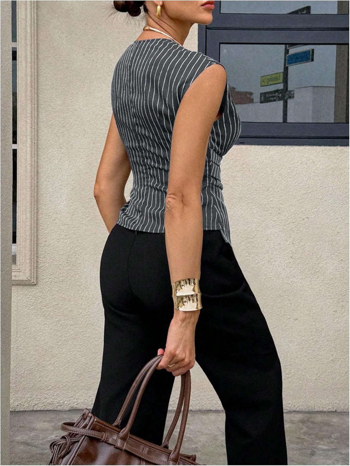 SOLY HUX Women's Striped Blouse V Neck Wrap Cap Sleeve Asymmetrical Work Office Tops Shirts - Image 2