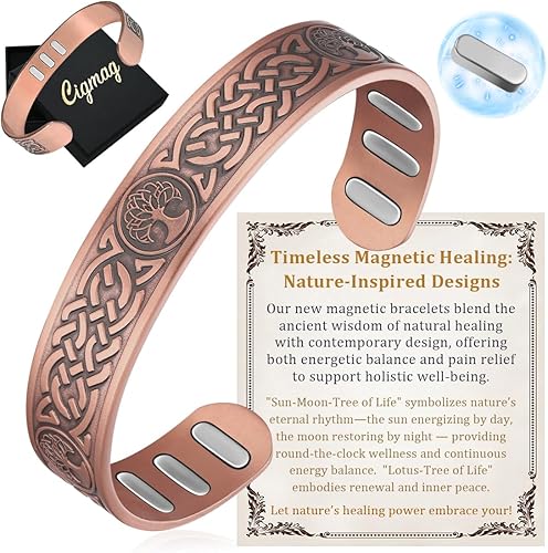 Pulsera magnética de cobre para hombre, con potentes imanes Gauss de 9 x 5000, cobre puro sólido ajustable (árbol de la vida de Lotus)