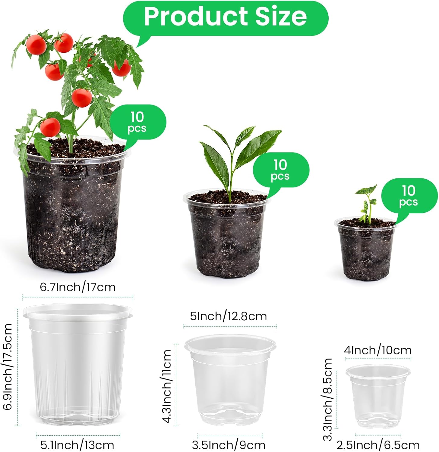 Bluepro 30 Packs 7/5/4 Inch Reinforced Clear Nursery Pots with Drainage Hole, Transparent Variety Pack Plastic Plant Pot Seedling Planter for Vegetable Propagation, Root Cutting, Seed Starting