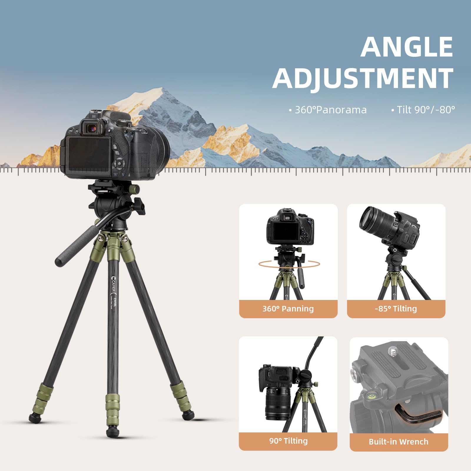 Cayer CH10L Trípode de Fibra de Carbono con Mini Cabeza Fluida S1, 28" Trípode Compacto de Sobremesa, para Cámaras sin Espejo Videocámara Teléfono Móvil Webcam