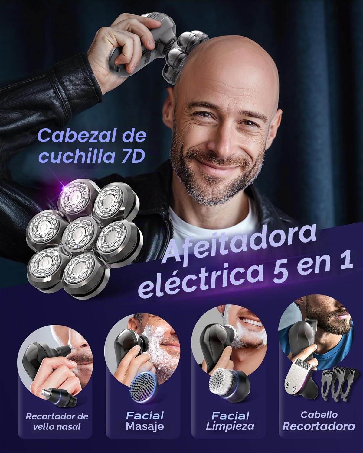 Afeitadora Cabeza Hombre, 2 Modos Magnético 7D Afeitadora Cabeza Barba, Maquina Afeitar Cabeza para Hombre Magnético, IPX7 Impermeable, para Uso en Seco y Húmedo, con Pantalla LED, USB-C Recargable