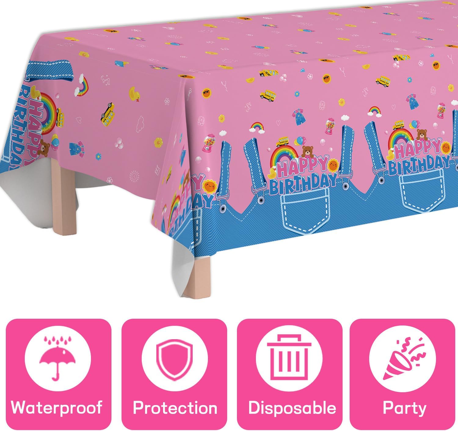 Rachell Teacher Party Decorations - 3PCS English Teacher Themed Birthday Party Tablecloth Plastic Disposable, Rainbow Denim Overalls Rachel Bday Supplies Decor (108x54 Inch)