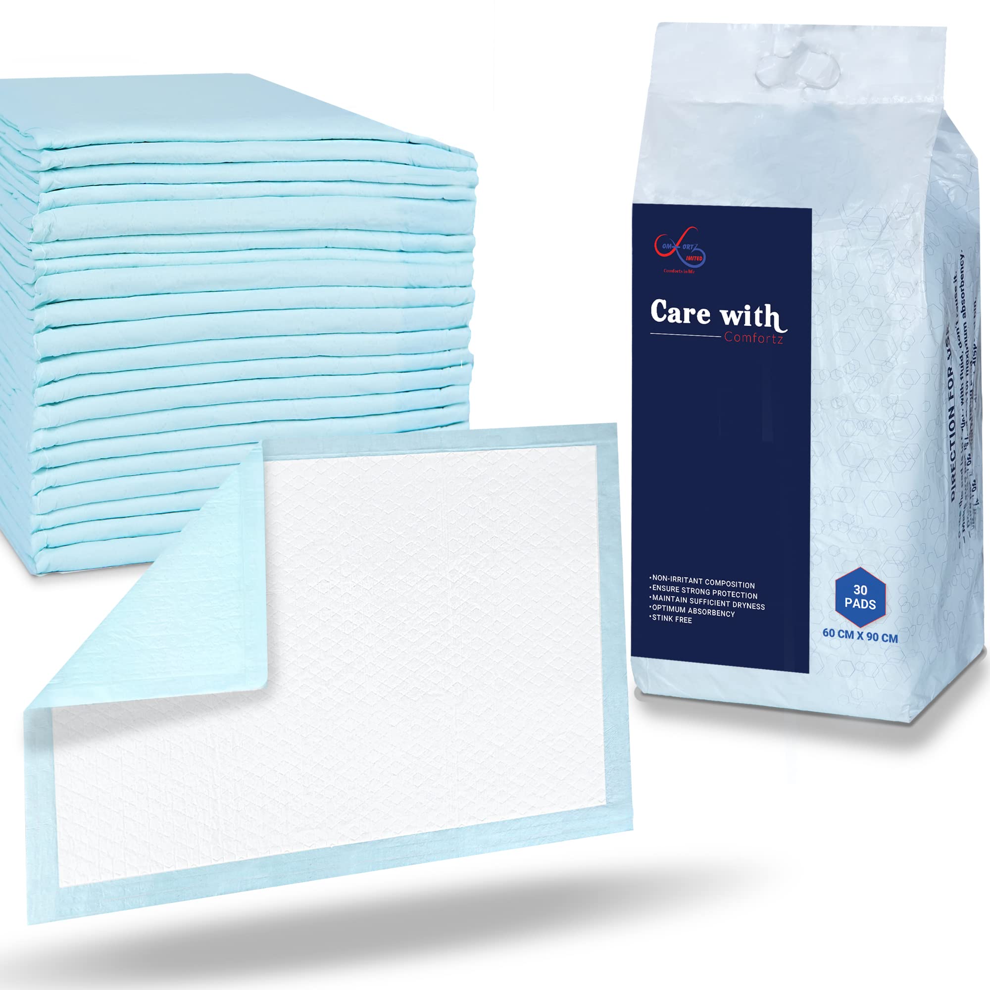 Comfortz - Almohadillas impermeables para cama de incontinencia, 90 x 60 cm, 30 hojas, desechables, 1100 ml, altamente absorbentes, suaves, almohadillas de cama sin olor y a prueba de fugas, adecuadas