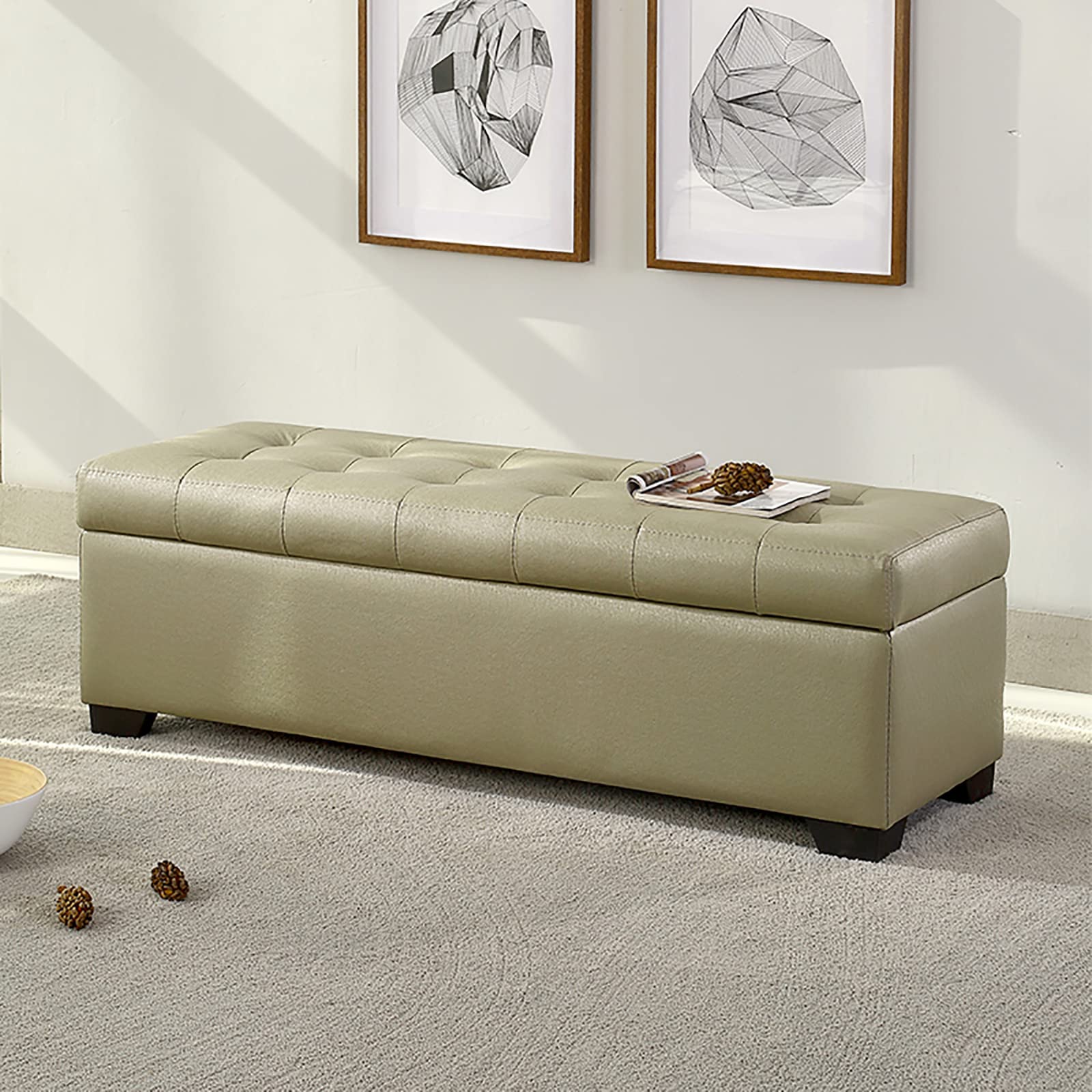 Moderno Cuero De Pu Acolchado Rectangular Con Tapa Banco De Almacenamiento Reposapiés Banco Para Dormitorio Sala De Estar Cambiar Zapatos Banco-Beige 90x45x40cm(35x18x16inch) (Verde 90x45x40cm(35x18